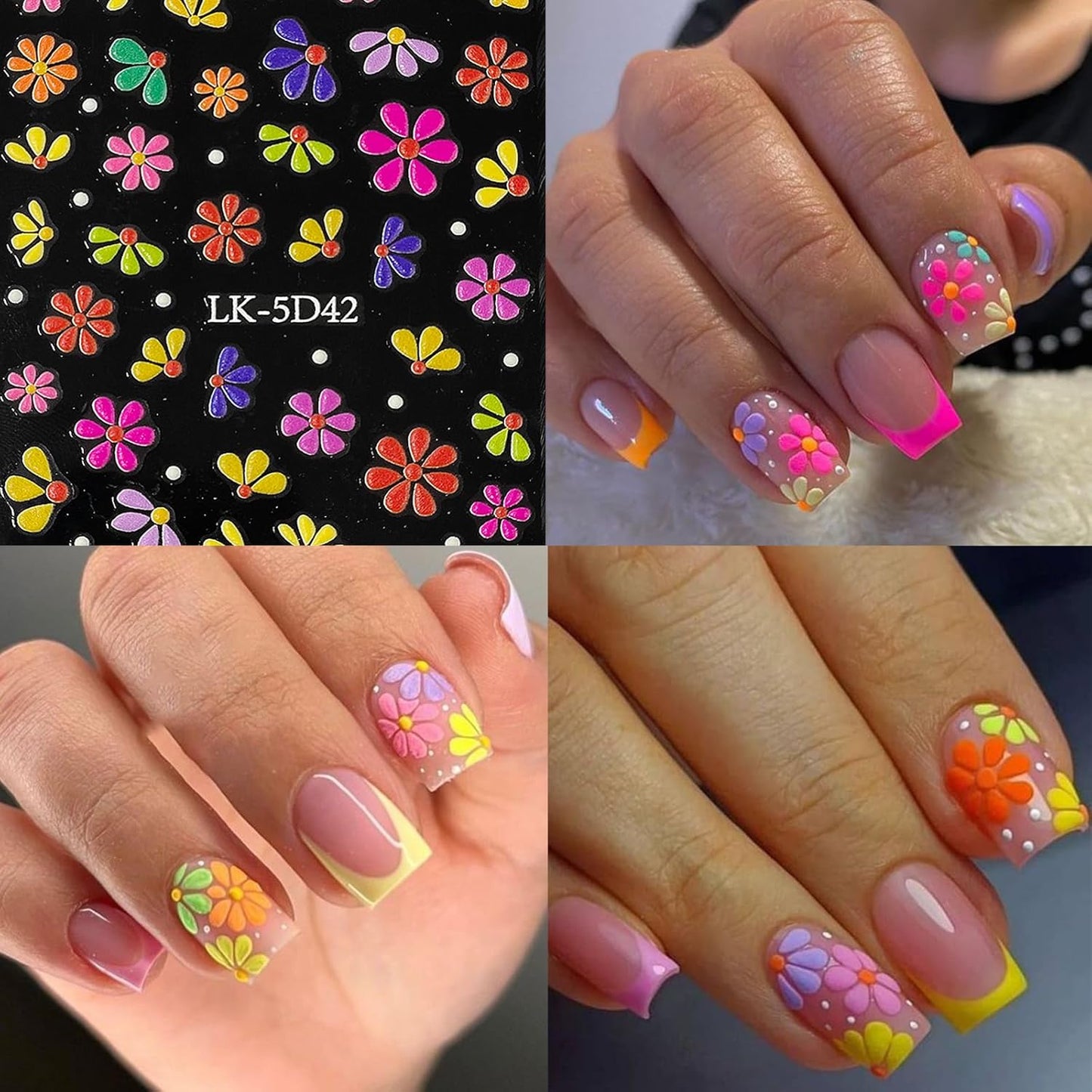 Nail Art Stickers Decals 5D Embossed Flower Nail Decals Self Adhesive Spring Summer Heart Daisy Nail Supplies 3D Nail Design for Women Nail Decoration Colorful Flower Nail Stickers