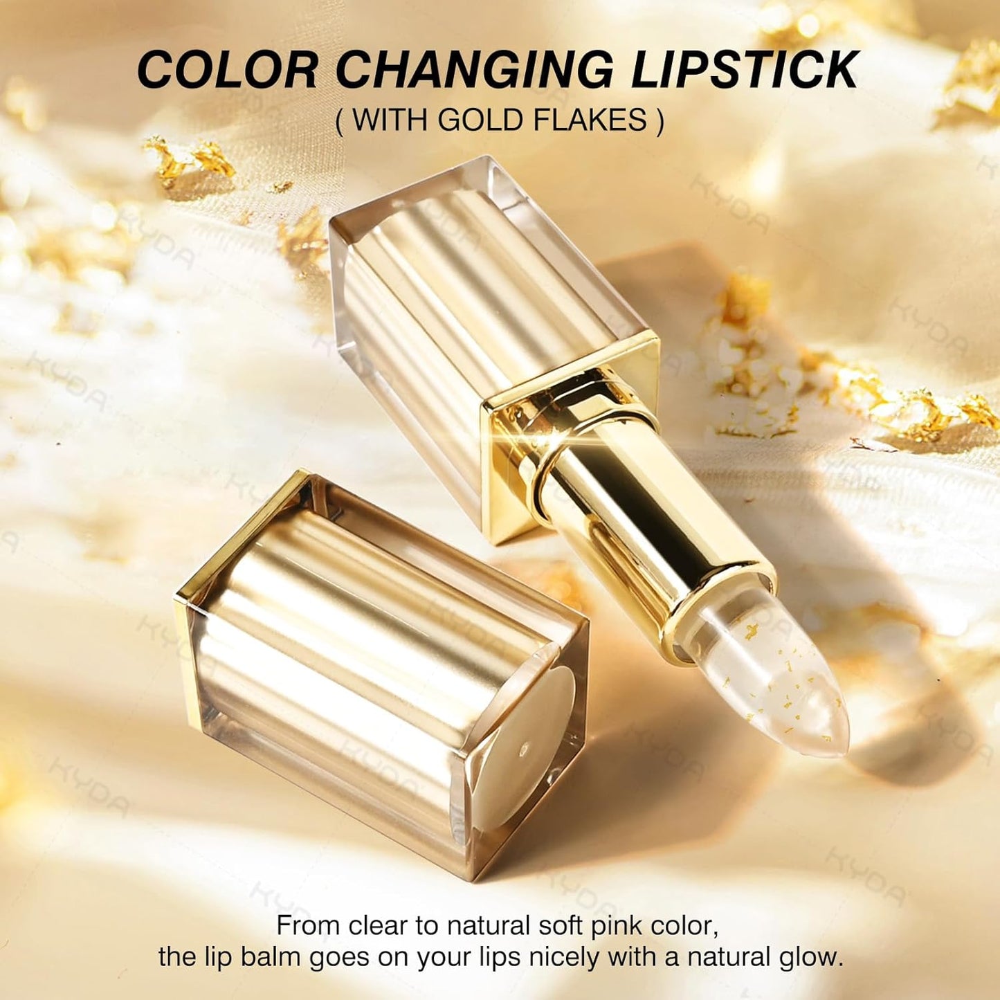 KYDA 2 Pcs Transferproof Color Changing Lipstick with Gold Flakes, Changes from Clear to Sheer Pink, Moisturizing Tinted Lip Balm, Deep Nourishment, PH Changing Lipstick, Glossy Shine Lip Stain