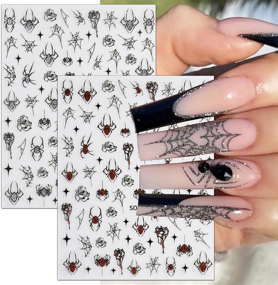 8 Sheets Strawberry Spider Halloween Nail Stickers - 3D Self-Adhesive Decals for Nail Art Design - Red, Black, Silver French Nail Art Supplies for Women