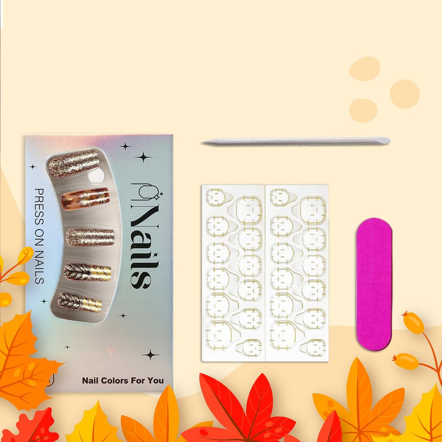 Vintage Thanksgiving Press on Nails Fall Glitter Maple Leaves Fake Nails Long Square Acrylic Glue on Nail Matte Autumn Maple Leaf Stick on Nail for Women DIY Manicure