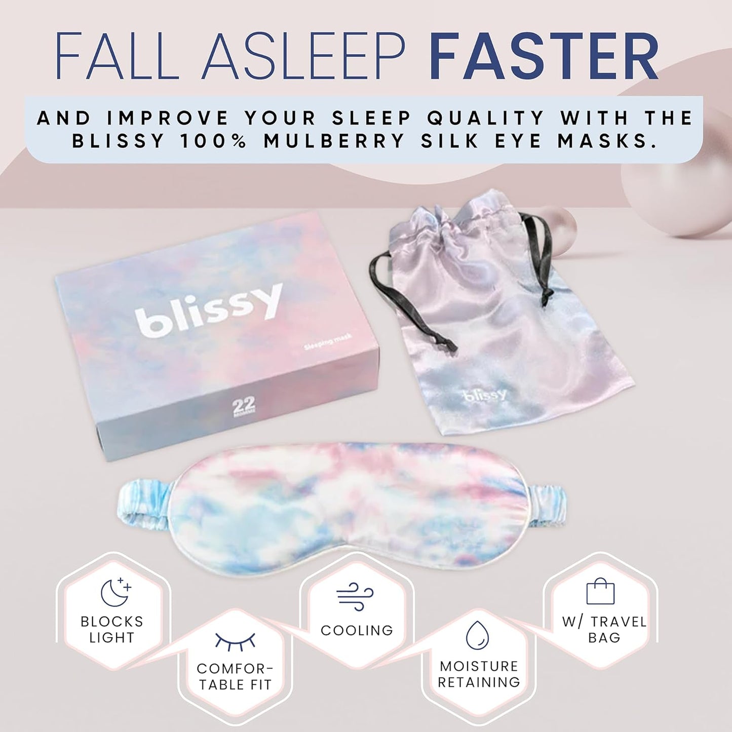 Blissy Silk Sleep Mask - Silk Eye Sleeping Mask for Women & Men for Total Blackout - 100% Pure Mulberry Silk, 22 Momme 6a Fibers - Blindfold Silk Sleep Mask Side Sleeper Eye Cover (Tie Dye)
