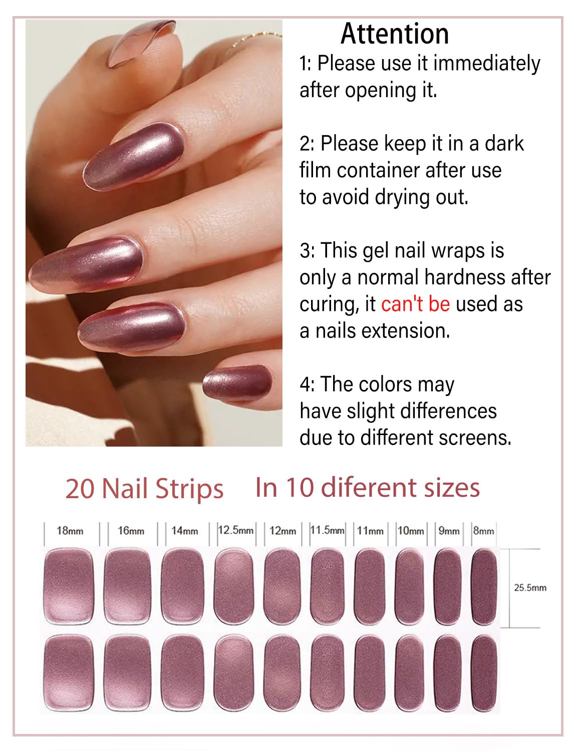 Semi Cured Gel Nail Strips, Rose Gold, Chrome Mirror 20pcs Gel Nails Sticker for Home Nails DIY