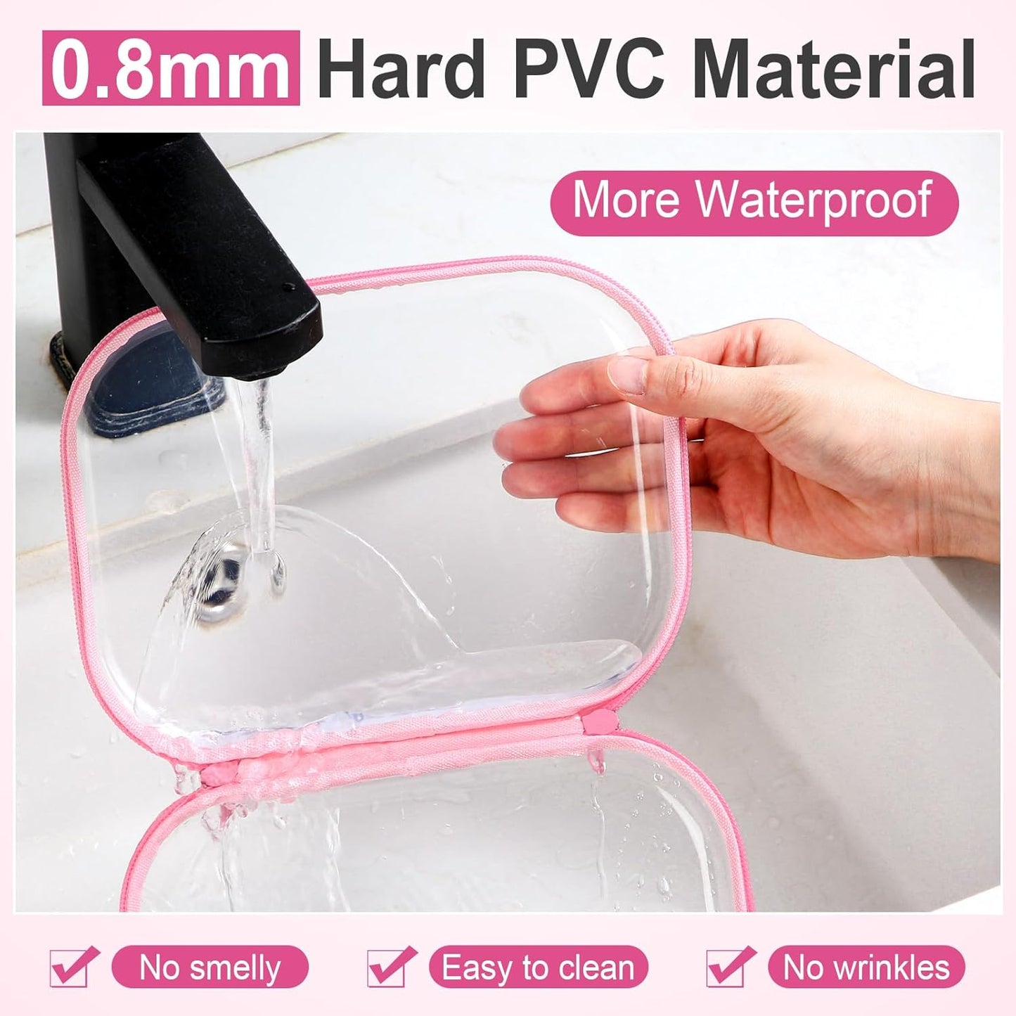 Sanwuta 6 Pcs Clear Hard Zipper Case Pencil Pouches Hard Plastic Zipper Pouches Makeup Bag Transparent Cases for Snacks Plastic Storage Organizer Box for Travel(Pink,7.87 x 5.9 x 2 Inch)