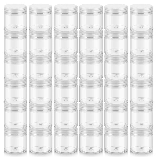 36 Pack 2 OZ Plastic Jars with Lids, BPA Free, Reusable, Refillable Transparent Cosmetic Containers for Bath Salts, Cosmetics, Powders, Beauty Product and Small Accessories - White