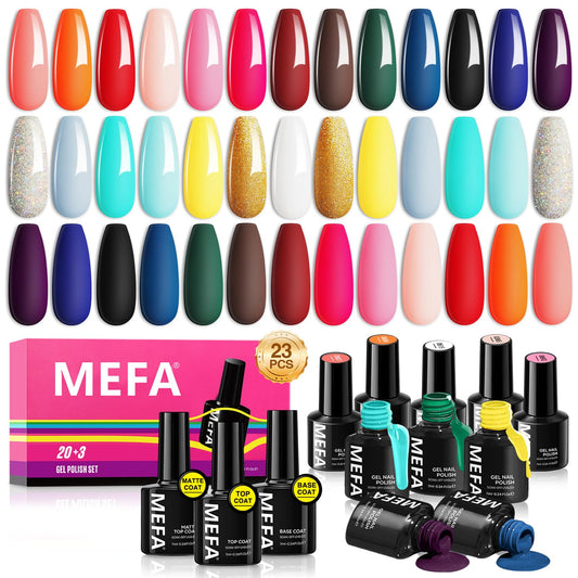MEFA Gel Nail Polish Set, 23 Pcs Burgundy Red Brown Gel Polish Set Collection Summer Neon Classic Orange Black Navy Blue Glitter Nail Polish Starter Set with Glossy & Matte Top Base Coat Nail Art Gift