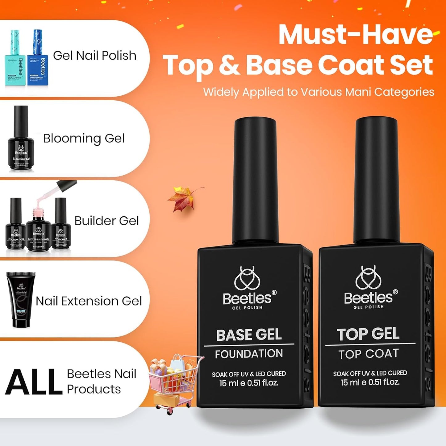 Beetles No Wipe Gel Top Coat and Base Coat Set for Gel Polish - 2Pcs 15ml Super Shiny and Long Lasting Soak Off UV/LED Lamp Needed, Halloween Fall Nail Art Design Gift