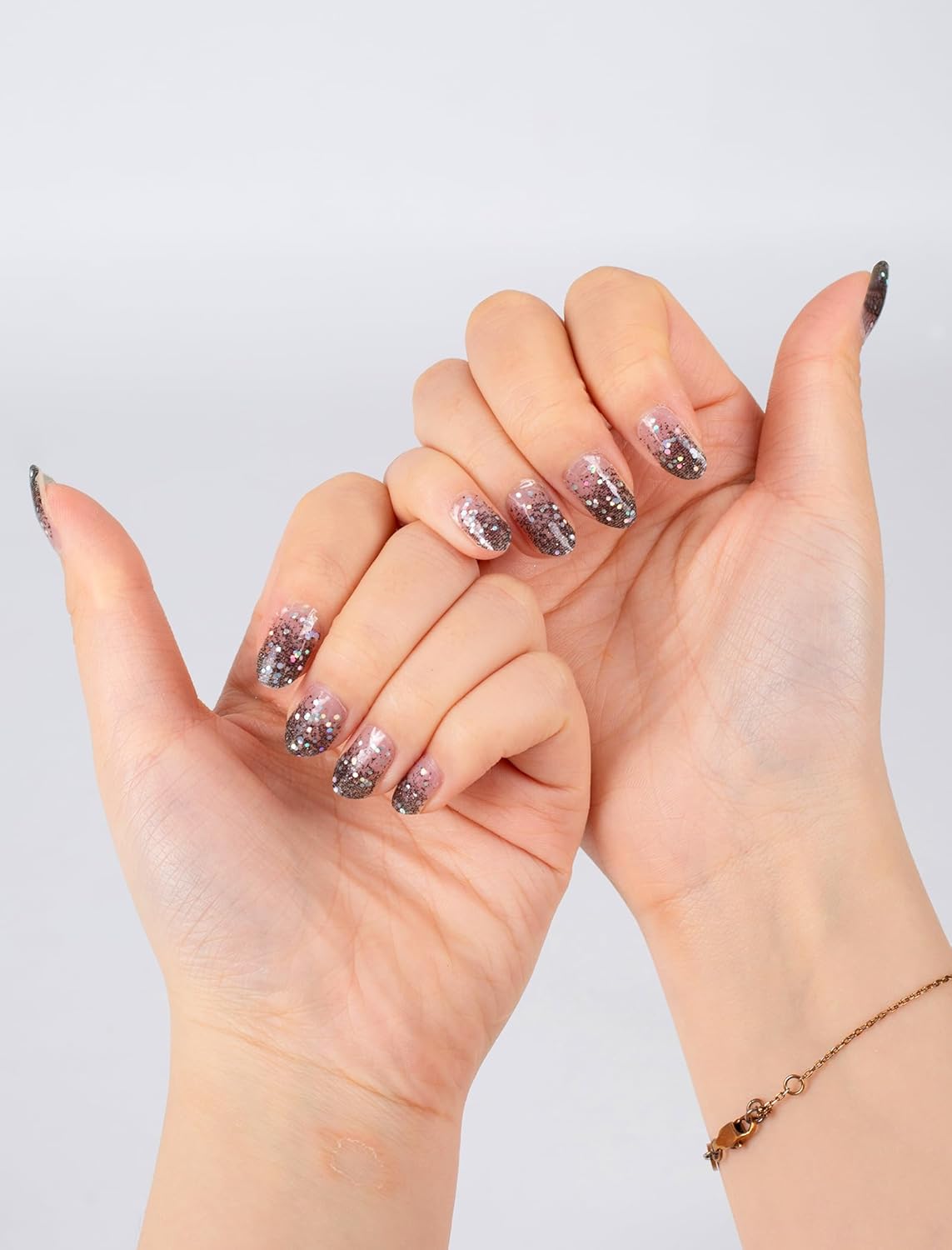 48 Pcs UV-Free Semi Cured Gel Nail Stickers for Women, No UV Light Needed Press on Self-Adhesive Nail Polish Strips Kit with Nail File Glitter Nail Art Wraps (Black)(Black)