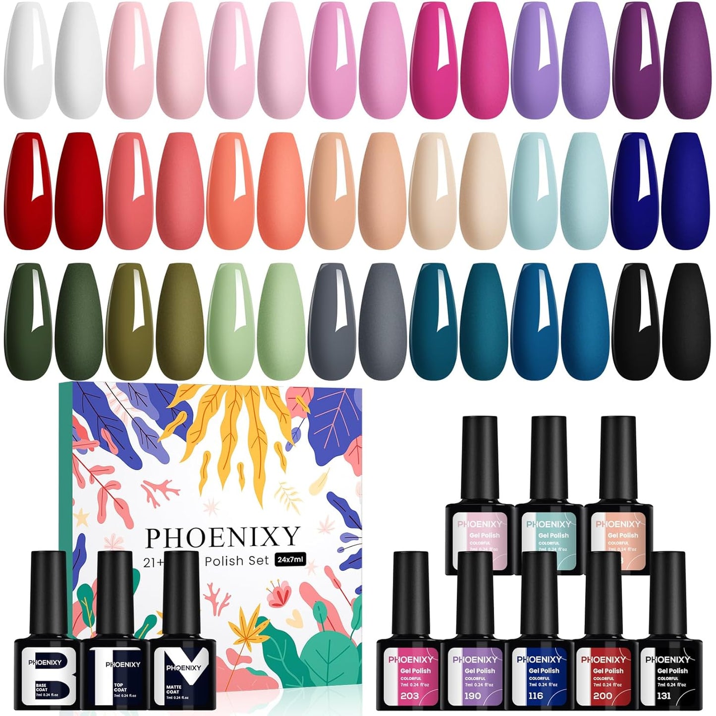 phoenixy 24 Gel Nail Polish Set, Gel Nail Polish Kit with Base Gloss Matte Top Coat Black Red Nail Polish Set Starter Kit Manicure Gift for Women-PCB9027