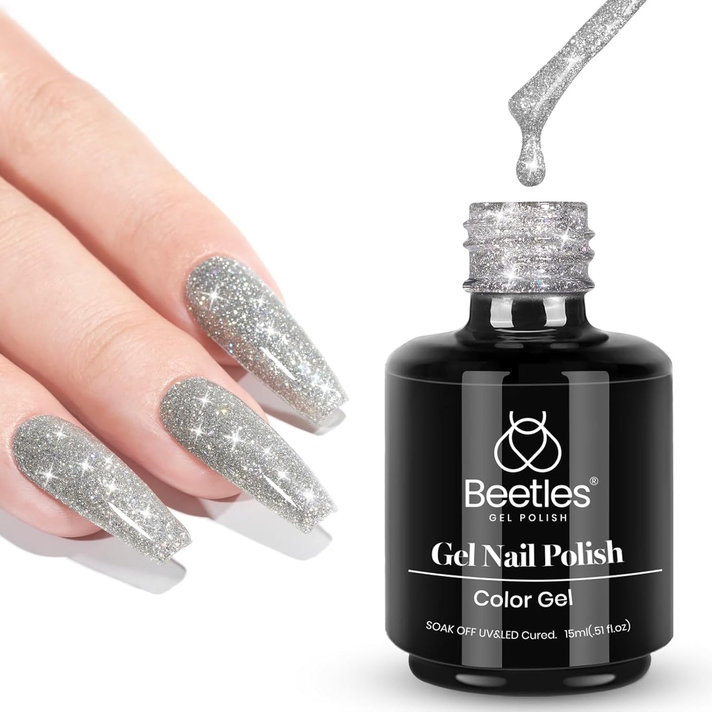 Beetles Reflective Gel Nail Polish 15ml Silver Glitter Nail Polish Shimmer Soak Off Uv LED Lamp Gel Nail Art Manicure Salon DIY Home Diamond