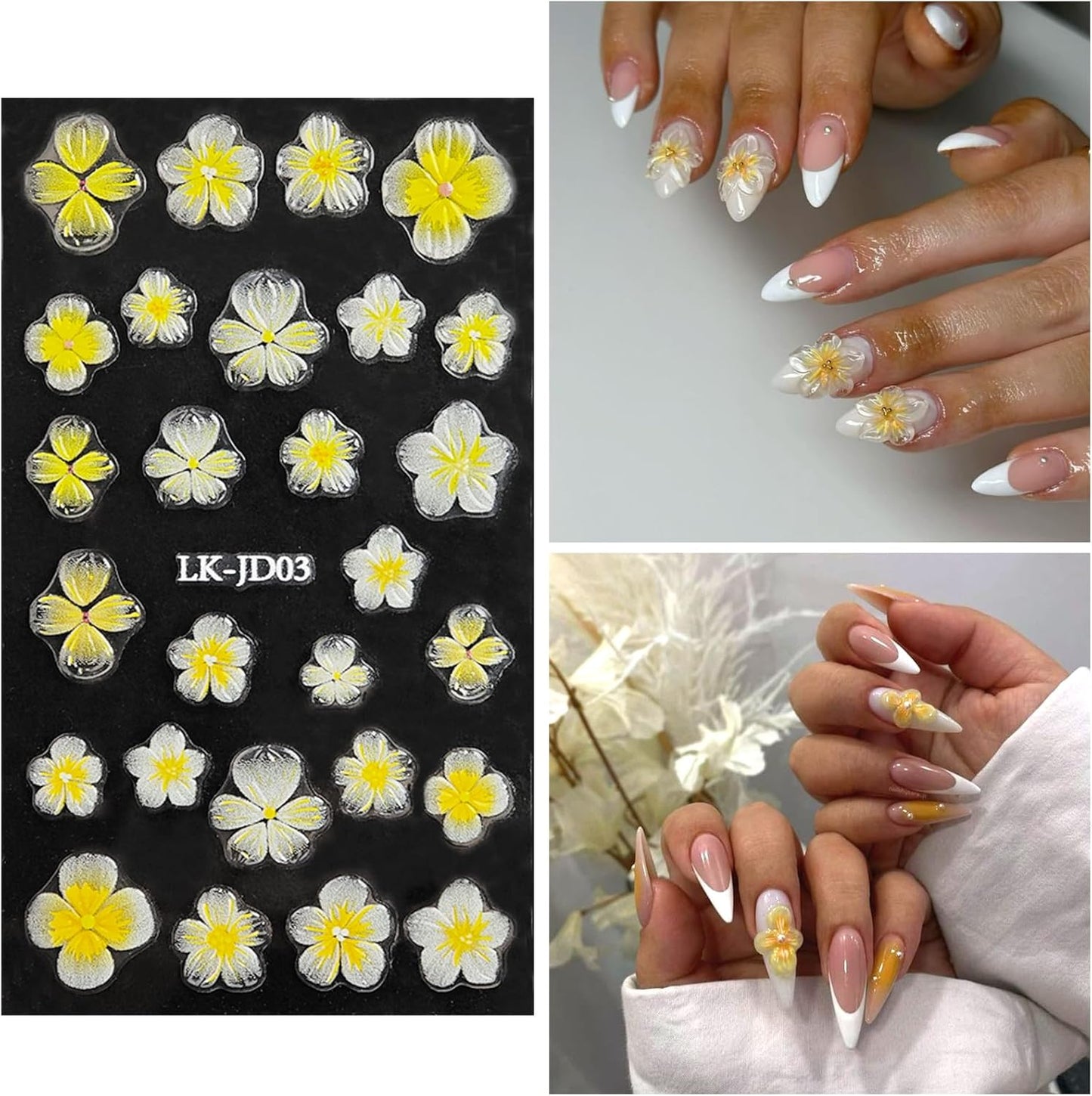 Nail Art Stickers Decals 5D Embossed Flower Nail Decals Self Adhesive Spring Summer Plumeria Nails Supplies 3D Design for Women Nails Decoration Yellow Black Flower Stickers