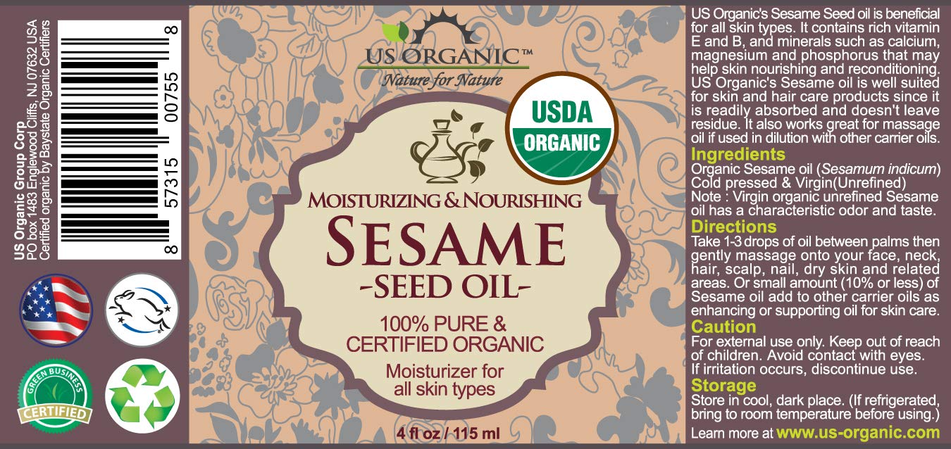 US Organic Sesame Seed Oil, USDA Certified Organic, Untoasted, Unrefined Virgin, 100% Pure & Natural, Cold Pressed, in Amber Glass Bottle w/Glass Eye dropper, Sourced from Mexico (4 oz (Large))