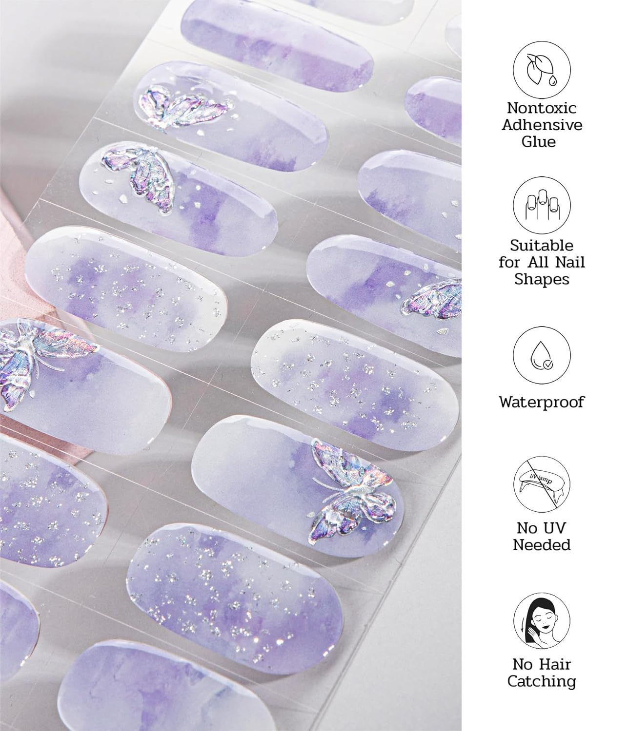 Nail Polish Strips - 22 Pcs Salon Quality Gel Nail Stickers - Long Lasting Wraps (Butterflies Dreamweaver Violet)