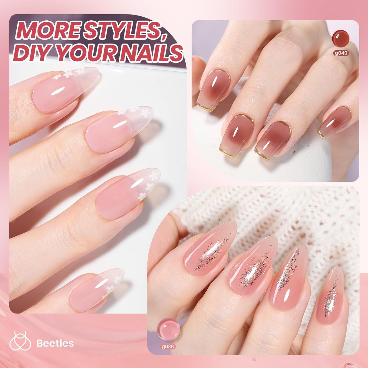 Beetles Jelly Gel Nail Polish Set - 6 Colors Neutral Fall Gel Polish Kit Nude Pink Red Brown Sheer Gel Translucent Effect Soak Off UV DIY Manicure French Nail Art Salon Gift for Girls Women