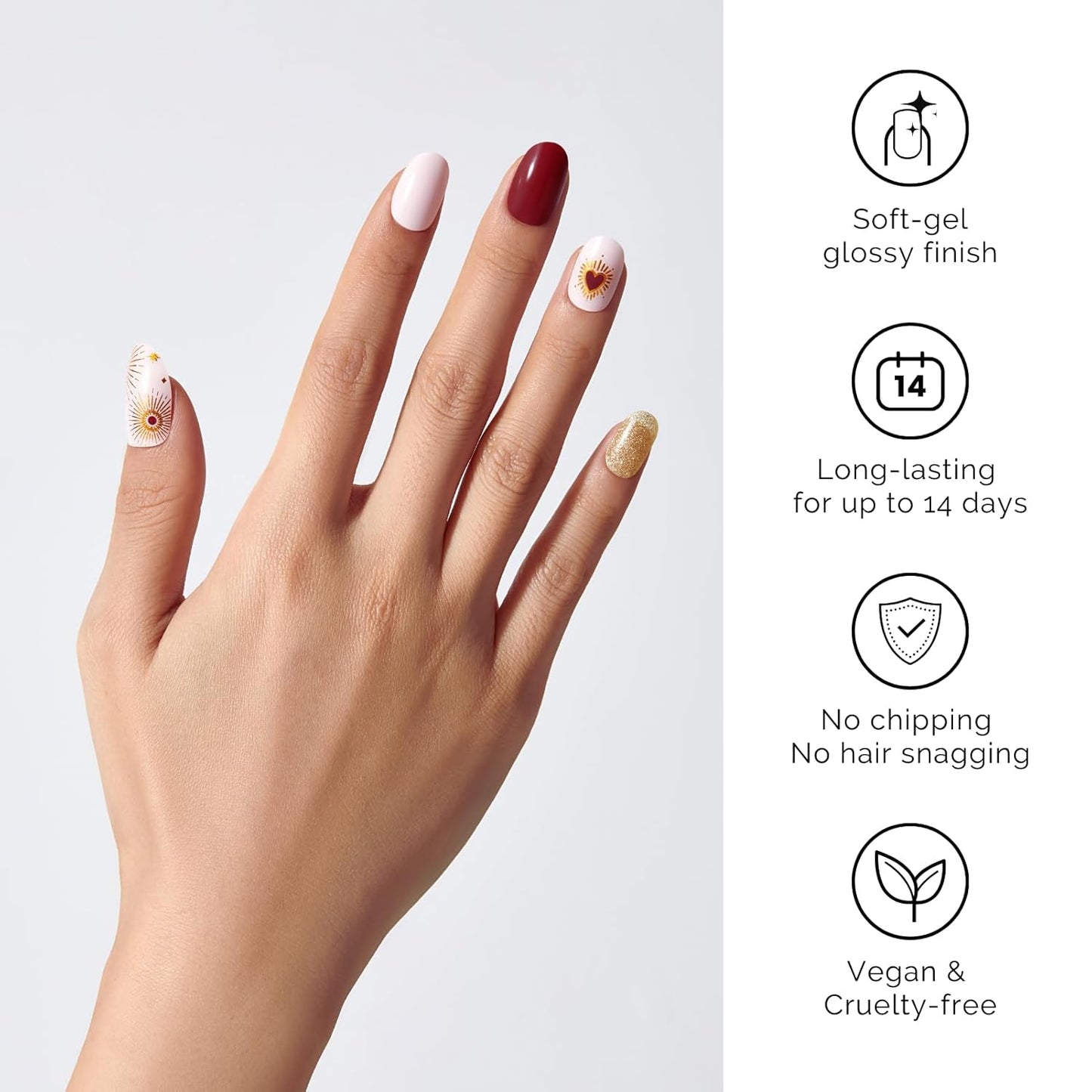 Semi Cured Gel Nail Strips - NAILOG 34 Pcs Red Brown Gold Glitter Nail Stickers Extra Long Wraps with Glossy Gel Finishing for Autumn Winter, My Queen