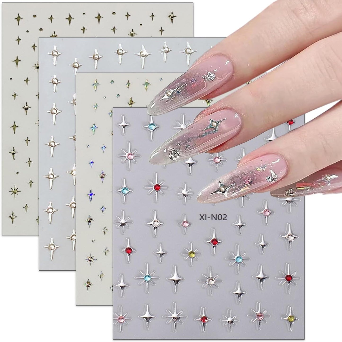 Shiny Star Nail Stickers for Nail Art,Glitter Star Nail Rhinestones Design Nail Decals Holographic Gold Silvery Stars Nail Supplies 3D Self-Adhesive Star Sticker Charms for Nail Decoration