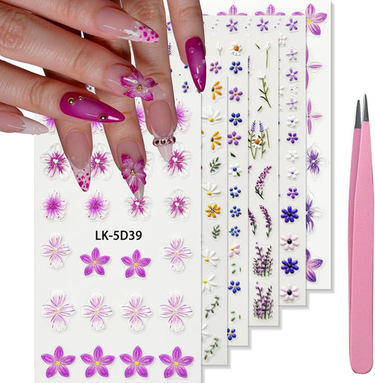 Nail Art Stickers Decals 5D Embossed Flower Nail Decals Self Adhesive Spring Summer Supplies 3D Lavender for Women Nails Design Decoration Purple Red Flower Nails Stickers