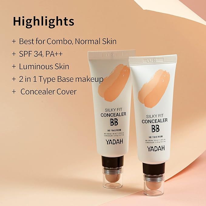 YADAH Silky Fit Concealer BB Cream (21 Light Beige, 1.18fl oz) - 2-in-1 Korean Makeup for Flawless Skin, Tinted Moisturizer for Blemish Cover. Long-Lasting, All-Day Wear.