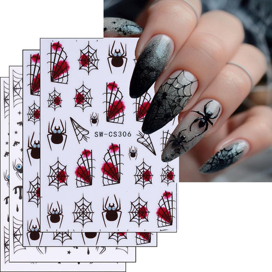 Halloween Nails Stickers Black Spider Nails Sticker 3D Embossed Black Web with Blood Self Adhesive Sticker Nail Decals Red Black Nail Art Decal Halloween Decals for Nail DIY Manicure 4Sheet