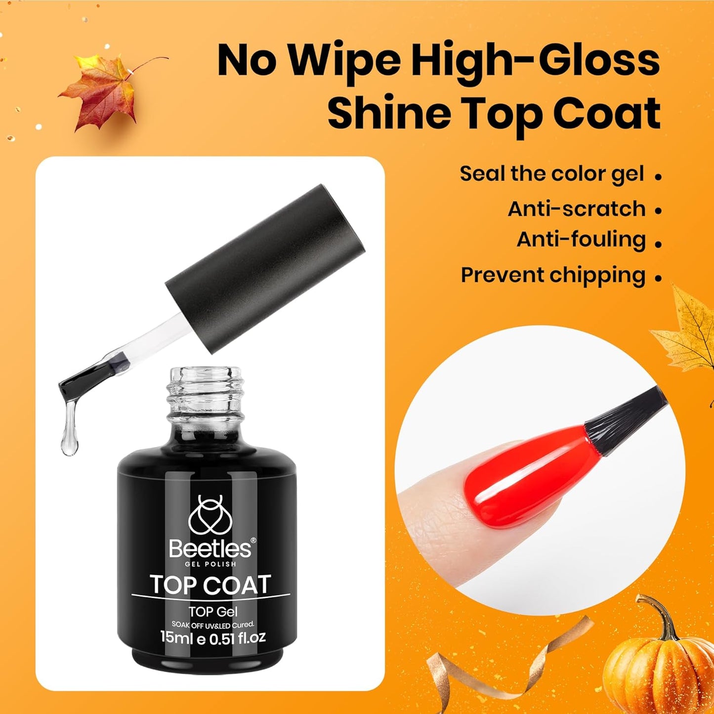 beetles Gel Polish 2Pcs 15ml No Wipe Top Coat Gel Nail Polish High Gloss Shiny Long-Lasting Clear Gel Top Coat, Soak Off Nail Lamp, Home DIY Professional Manicure and Nail Salon