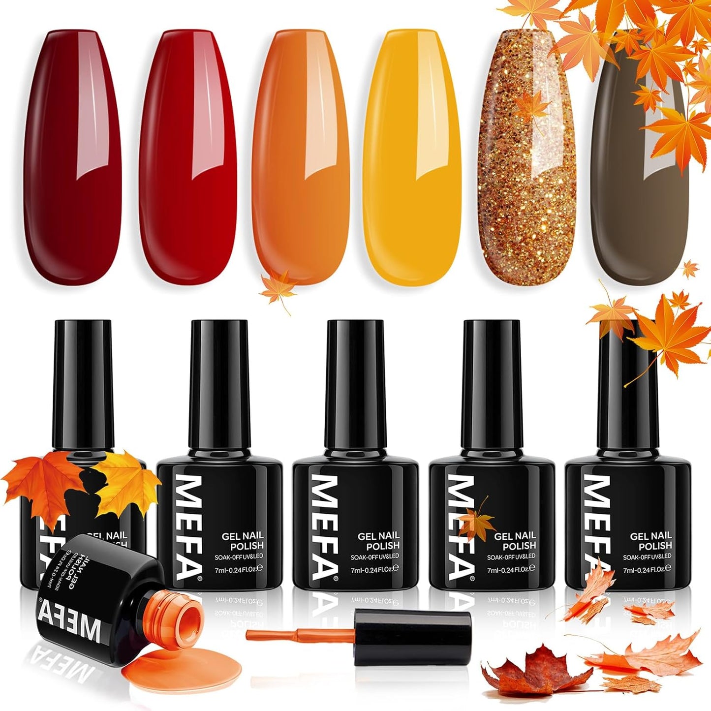 MEFA 6 Colors Fall Gel Nail Polish Set, Shades Orange Red Brown Glitter Yellow Soak Off Gel Polish Spring Summer Tones Nail Art Design Salon Home Manicure Kit Gifts