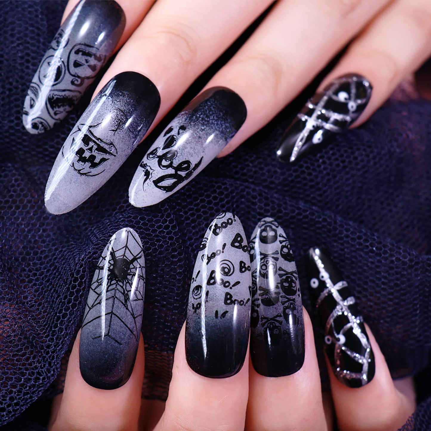 6 Pcs Halloween Nail Stamping Plate Skull Bat Witch Spider Web Halloween Nail Stamper Kit Pumpkin Grimace Blood Design Nail Template Decoration