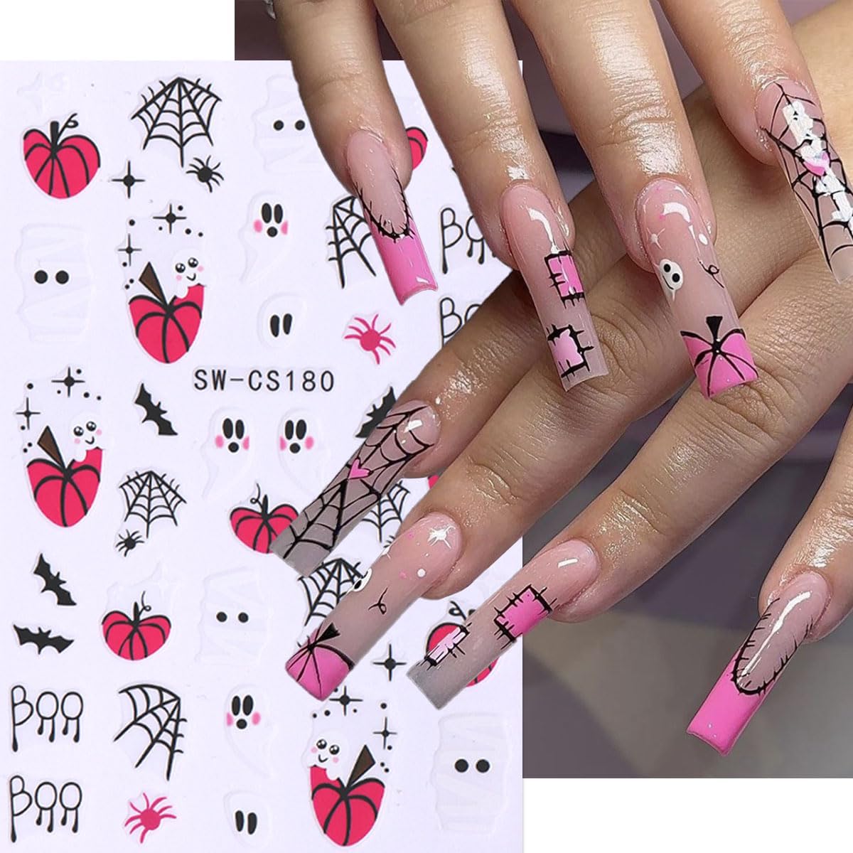 6 Sheets Halloween Nail Stickers Spider Web Nail Art Stickers Ghost Nail Decals Black Pink Red Bat Heart Boo Design Pumpkin Nail Sticker for Nail Art for Women DIY Holiday Salon Manicure