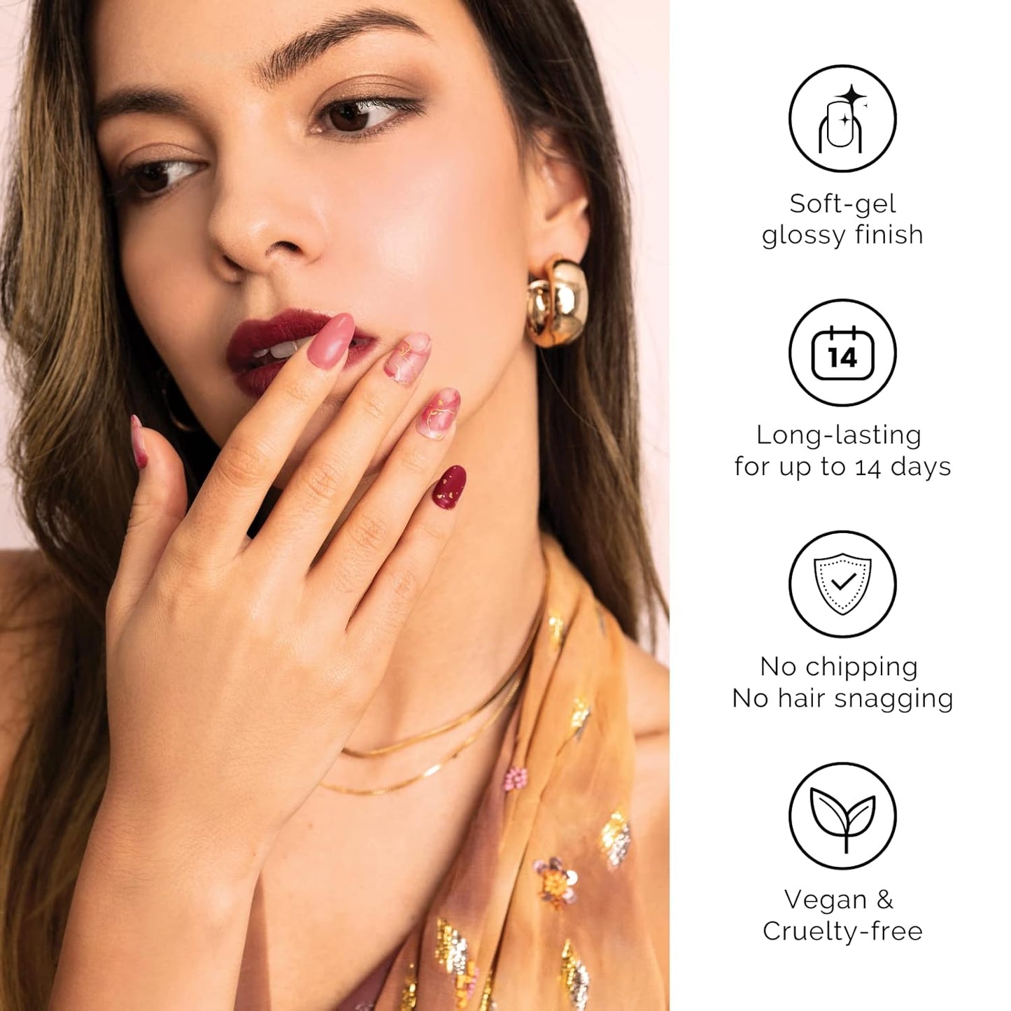 Nailog Semi Cured Gel Nail Strips 34 pcs | Long Lasting Nail Polish Sticker Wraps with Glossy Gel Finish | Rose Cloud