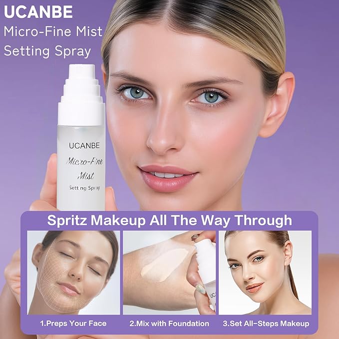 UCANBE Dewy Setting Spray for Makeup, Long Lasting Hydrating Make Up Finishing Spray for Face, Micro-Fine Mist Fixing Spray for Dewy Glow Finish, Lightweight & Waterproof for up to 16 Hours Wear