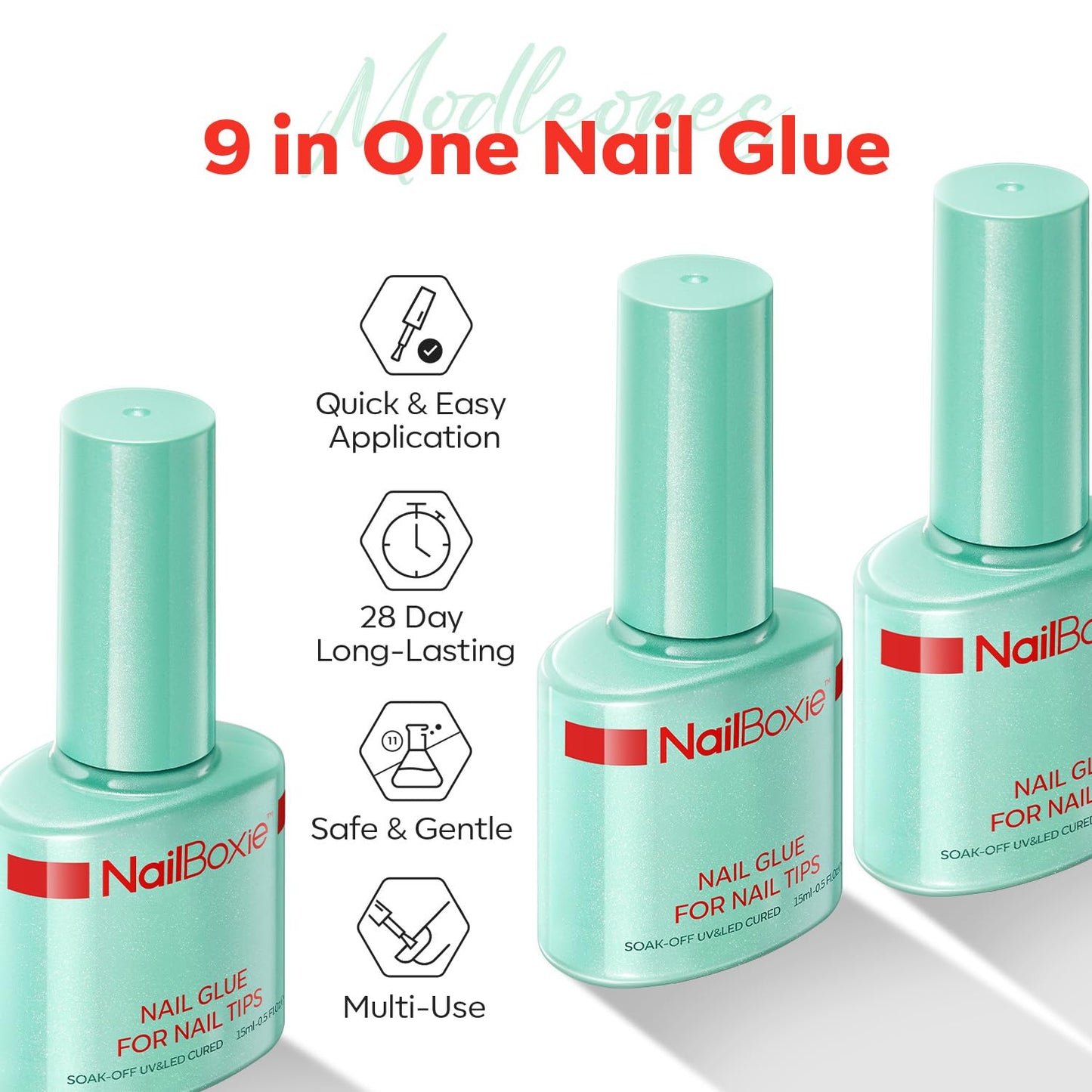 modelones Nail Glue for Nail Tips, 9 in One Glue for Press Ons, Clear Tips, Need U V Light Cured, 15ML