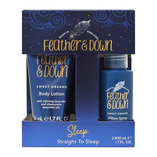 Feather & Down Straight to Sleep Gift Set: 50ml Pillow Spray & 50ml Body Lotion, The Perfect Sleep Duo, Infused with Lavender & Chamomile Essential Oils, Vegan & Cruelty Free
