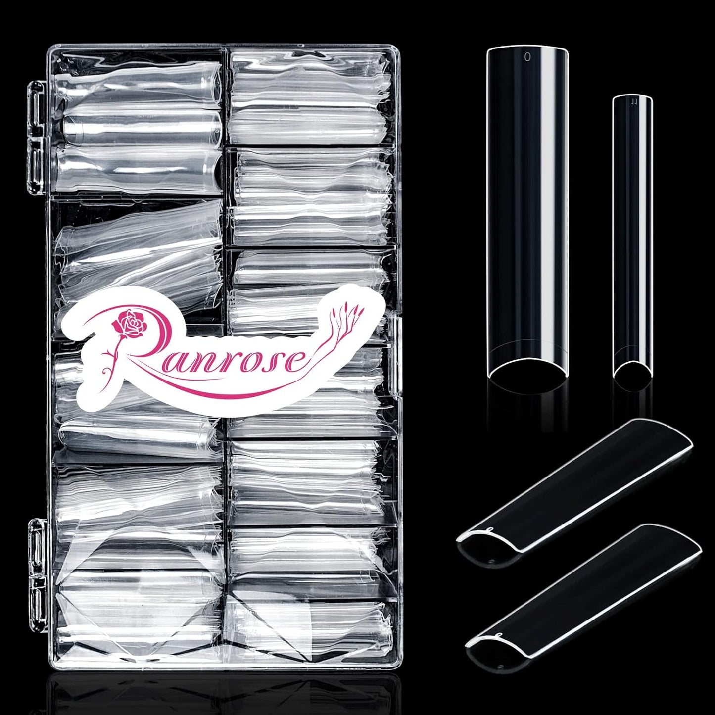 Ranrose 600PCS Clear Extra Long Nail Tips for Acrylic Nails Professional, No C Curve Gel Tips 12 Size XXXL Pre-shaped Half Cover Fake Nail for Press On Nail Extensions