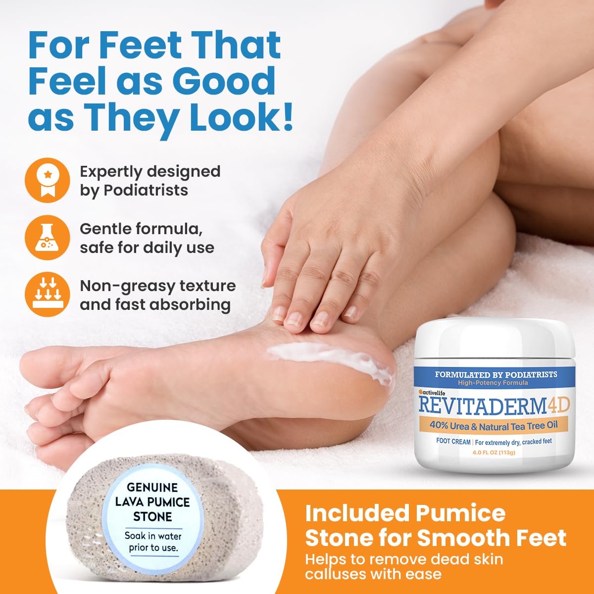 Revitaderm 4D Urea Cream 40% for Feet, Intensive Moisturizing Foot Cream for Dry, Rough, Callused Skin, Includes Free Pumice Stone and Exfoliating Brush, Fast-Absorbing, Fragrance-Free, 4oz, 1 Pack