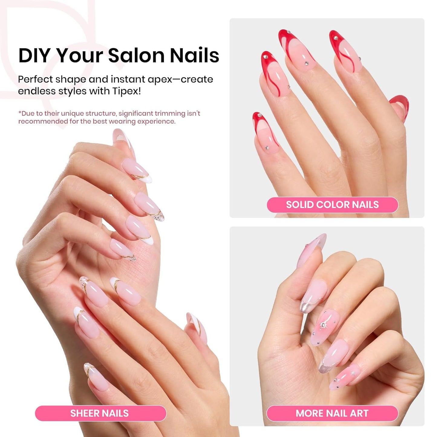 Beetles Tipex Instant Apex Nail Tips Kit, Medium Oval Almond 224Pcs 16 Sizes Pre-Building & Pre-Etched Thicker Acrylic Nails False Nail Extension with Tipex Nail Glue Mini Nail Lamp