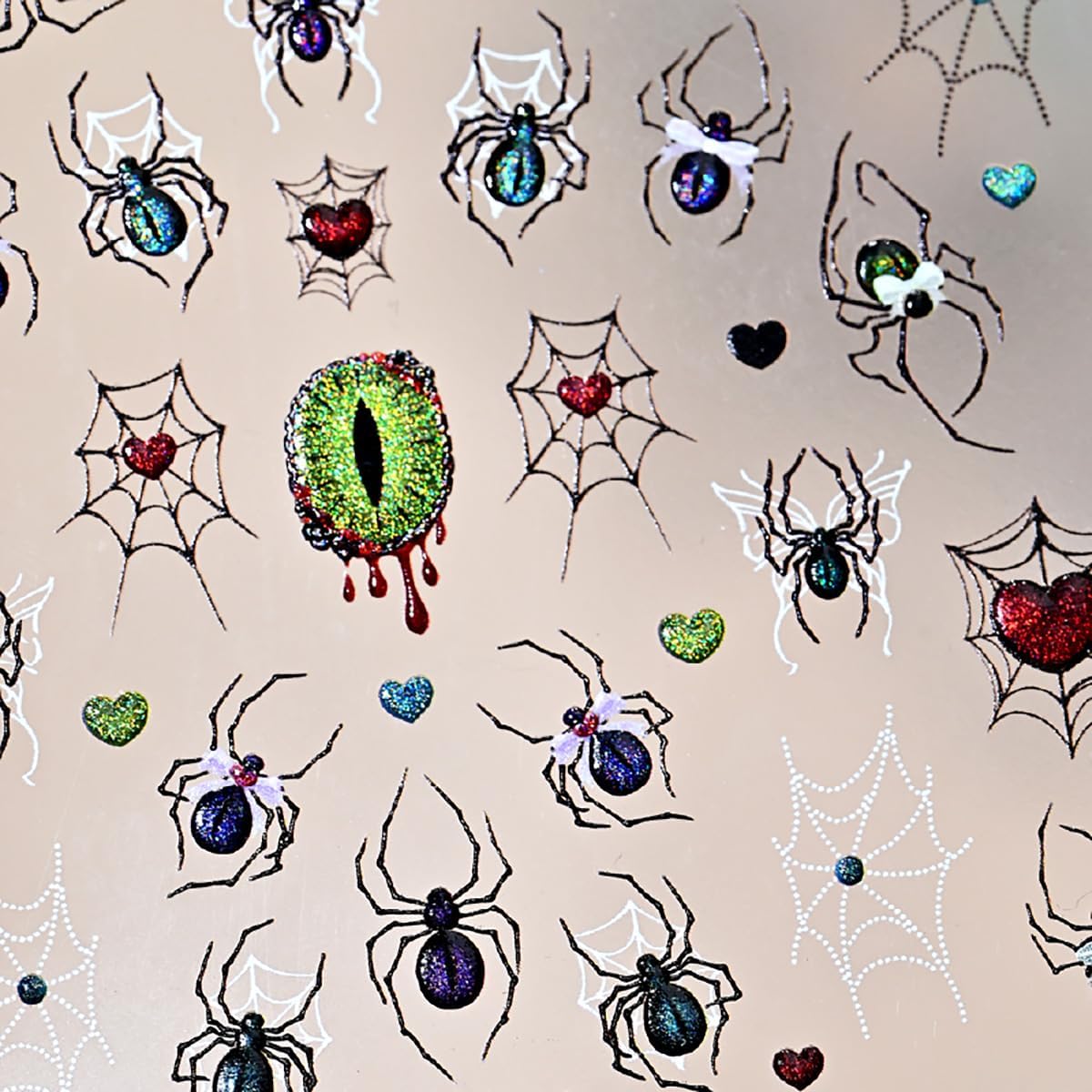 Halloween Nail Stickers 3D Self-Adhesive Goth Nail Art Stickers Black Spider Web Spider Heart Glitter Design Halloween Acrylic Nail Art Decoration Cute Horror Nail Decals for Women Acrylic Nails DIY