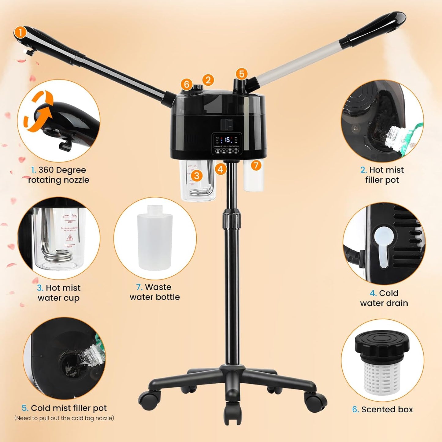 Professional Facial Steamer with Ozone and Hot & Cold Mist, Esthetician Steamer on Wheels, Face Humidifier for Facial Deep Cleaning, Digital Facial Steamer for Home and Salon, Black