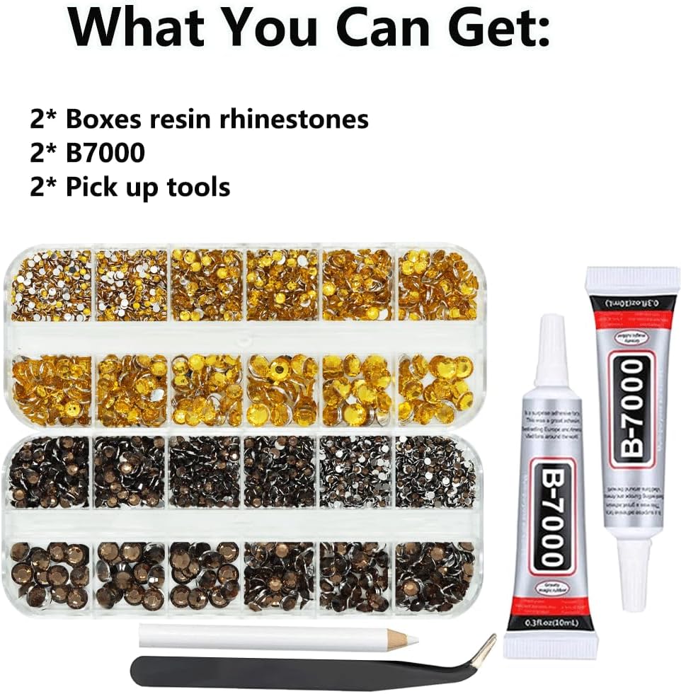 Gold and Brown Rhinestones with Glue(S8-S30) for Bedazzling, 2mm-6mm Non-Hotfix Flatback Nail Gems Beads with B7000, Resin Nail GemsStones Diamond Kit for Bedazzle Crafting, Nails DIY Art Decoration