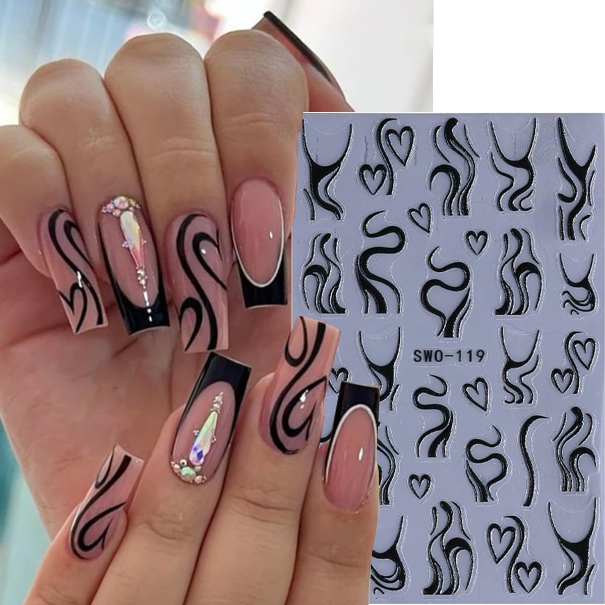 Line Nail Stickers 3D Self Adhesive Nail Art Stickers French Nail Decals Irregular Lines Black White Heart Design Cute Nails Sticker for Nails Art for Women Decoration Salon Manicure Supplies