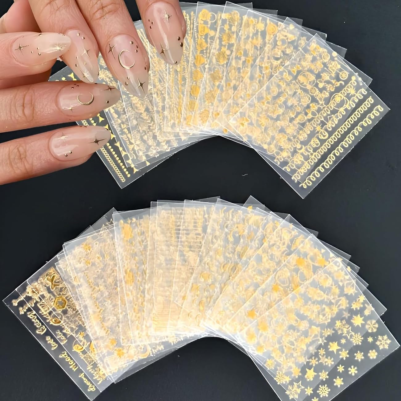 30 Sheets Gold Nail Art Stickers 3D Self-Adhesive Nail Decals Gold Line Star Moon Nail Stickers for Acrylic Nails Gold Stamp English Letter Nail Stickers Gold Leaf Diamond Nail Supplies for Women