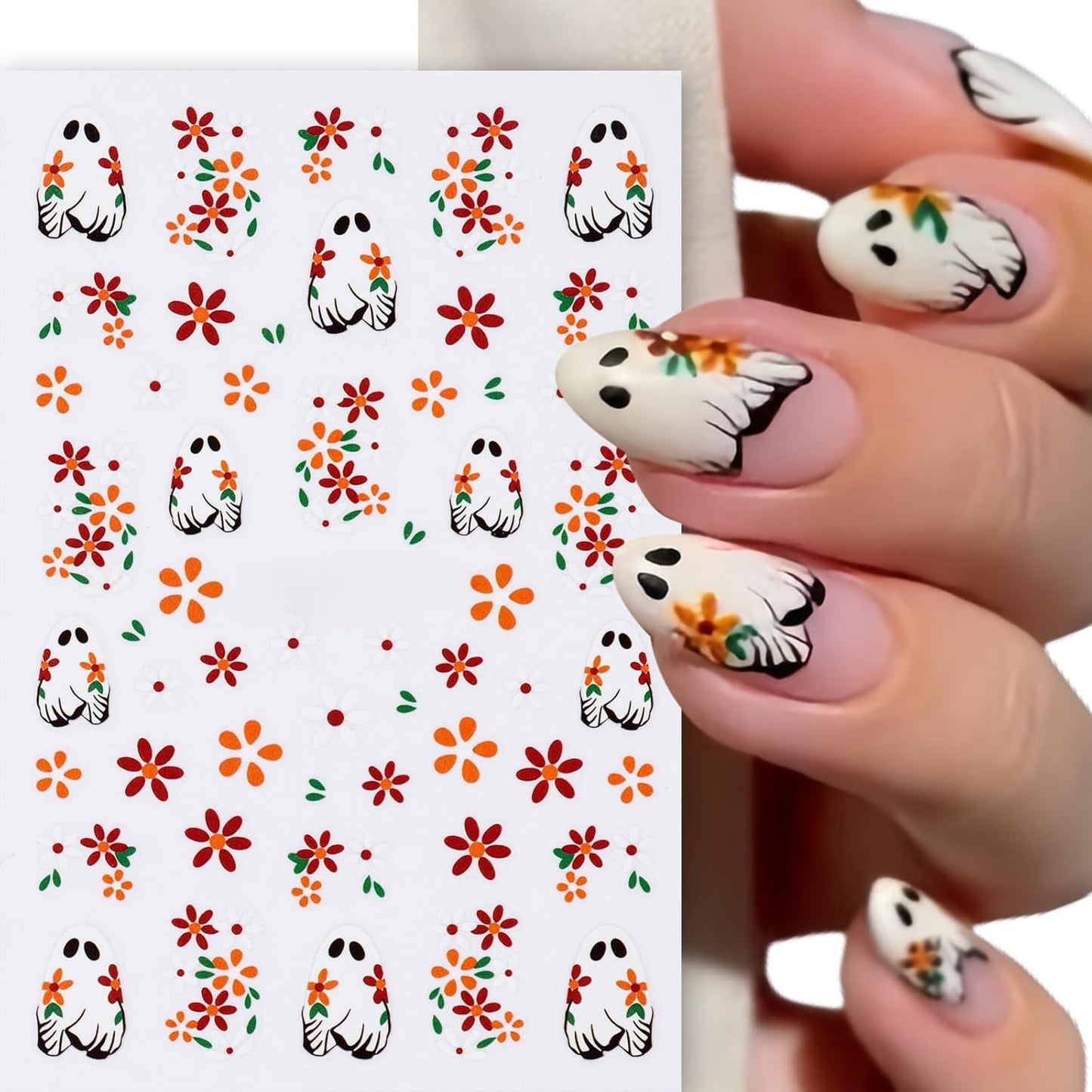 8Pcs Halloween Nail Art Stickers Decals Cute Ghost Pumpkin 3D Self Adhesive Nail Decals Flower Spooky Mushroom Ghost Nail Design Pumpkin Cats Spider Bats French Manicure Supplies for Women Nail Decor