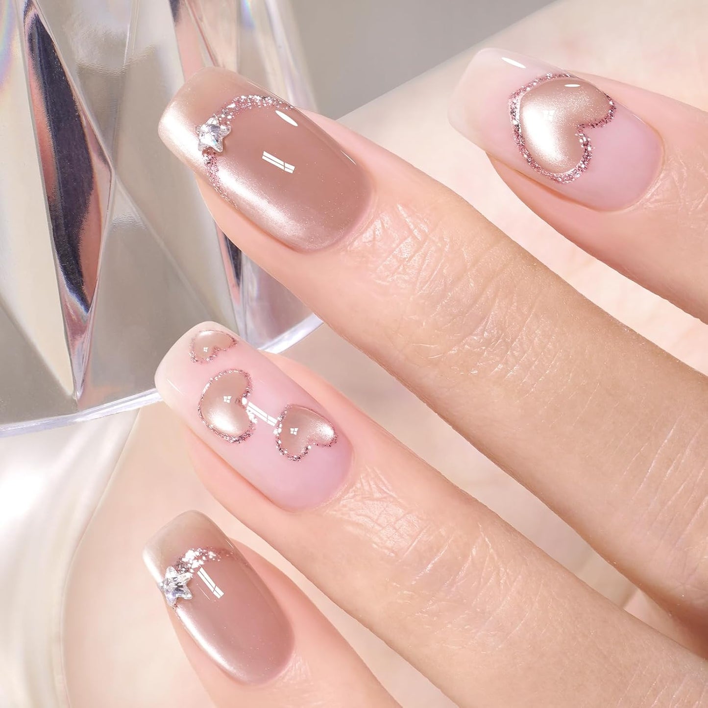 AILLSA Glass Cat Eye Gel Nail Polish, 15ml Nude Glitter Jelly Sheer Gel Polish, Translucent Magnetic Shimmer Sparkle Nail Art U V Salon 0.5 OZ GF38