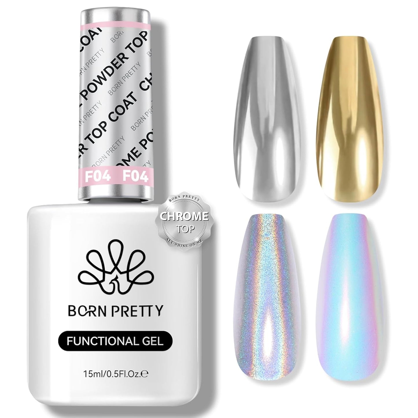 Born Pretty Top Gel for Chrome Nail Powder, 15ml Top Gel for Metallic Gel Nail Polish, Shine Finish and Long Lasting, Soak Off Nail Lamp Gel Nail Art Design