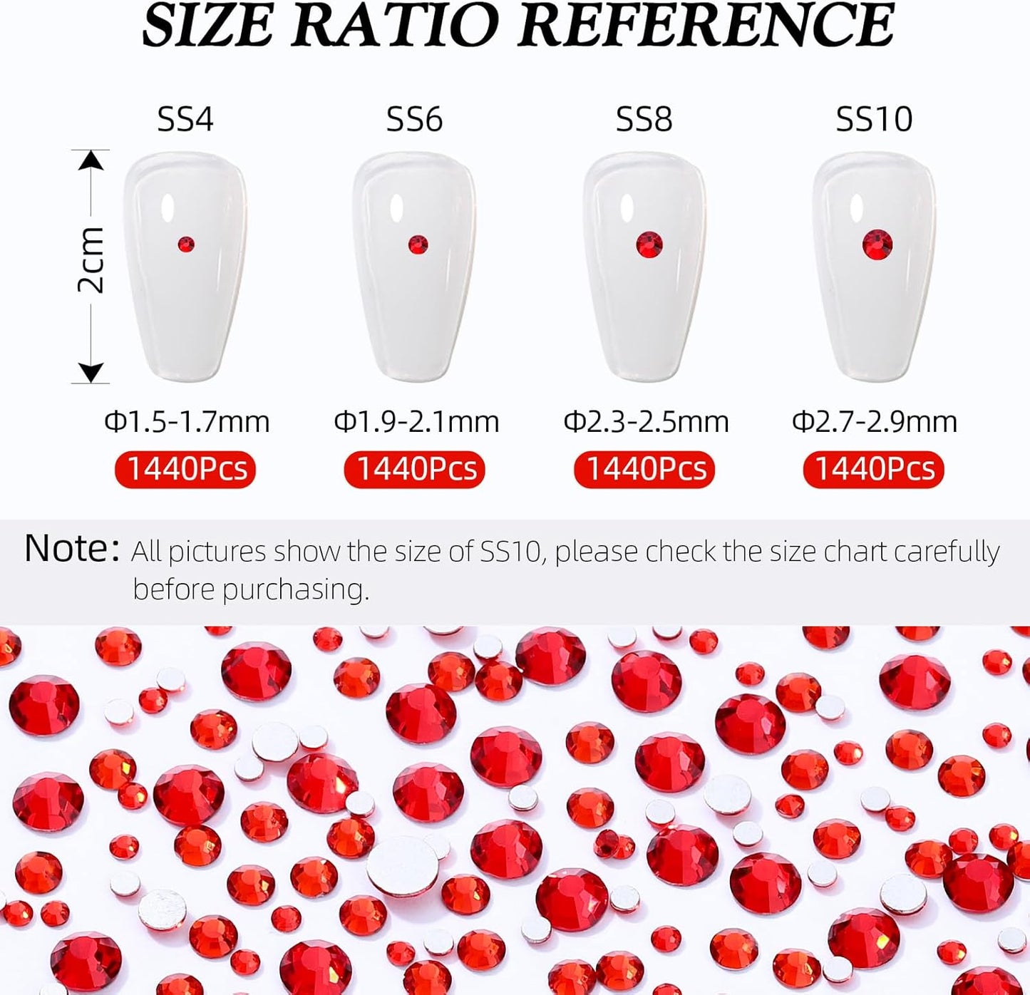 Red Flatback Rhinestones, Glass Rhinestones for Nail Art and Craft, Glue Fix, Loose Crystal Gemstones(Red, SS6, 2880pcs, 1.9-2.0mm)