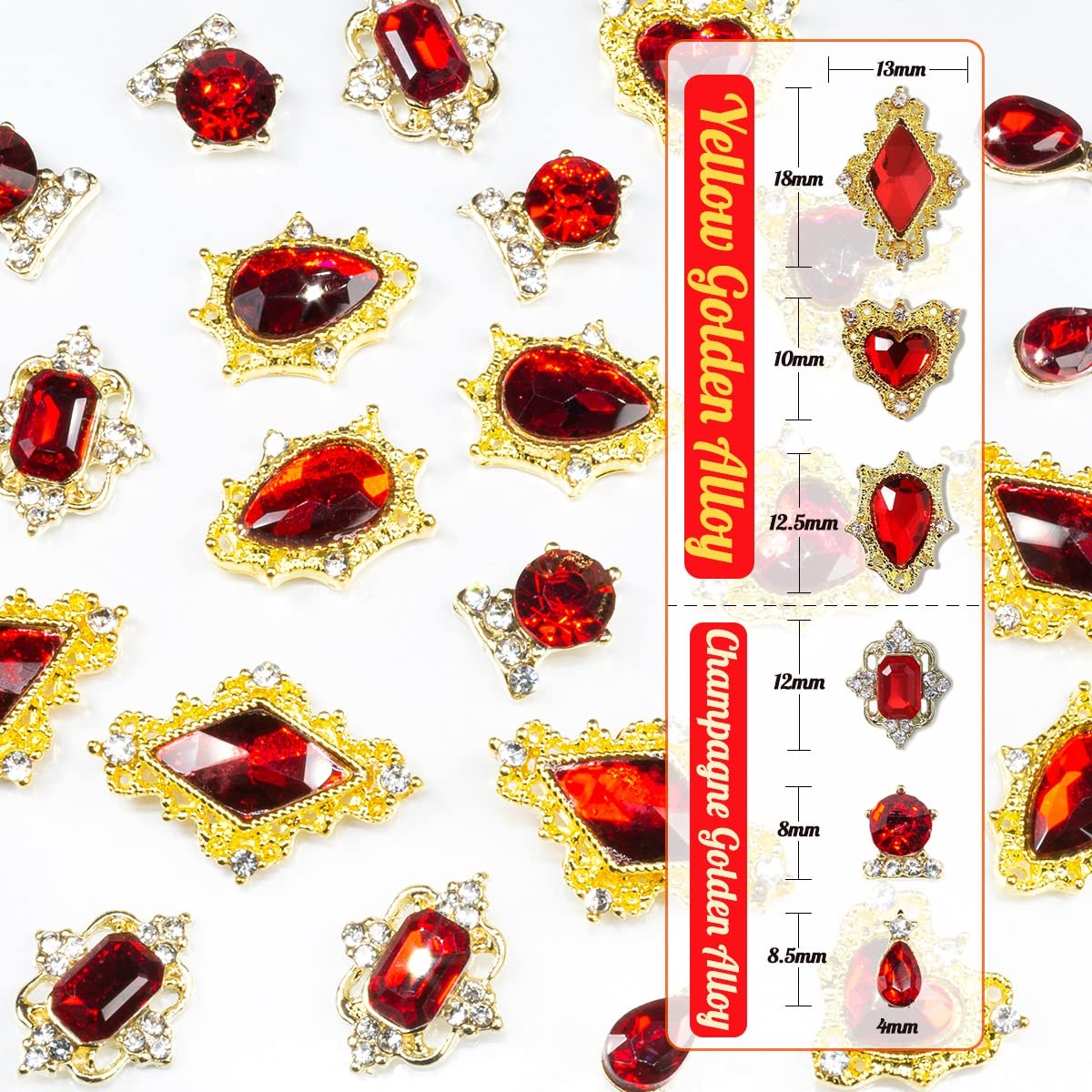 24pcs Red Luxury Nail Charms +2000pcs Ruby Red Rhinestones 3D Big Nail Gems K9 Glass Nail Crystals Diamonds Jewelry Stones Alloy Nail Art Studs Decor Supplies Heart Charms for Arylic Nails Crafts DIY