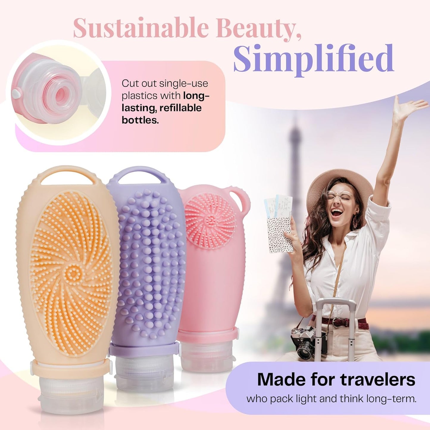 Sumina Silicone Travel Bottles 3 Pack (3.4oz) – TSA-Approved Leak-Proof Toiletry Containers with 2-in-1 Built-In Exfoliating Scrubber – Refillable for Travel, Gym & Skincare