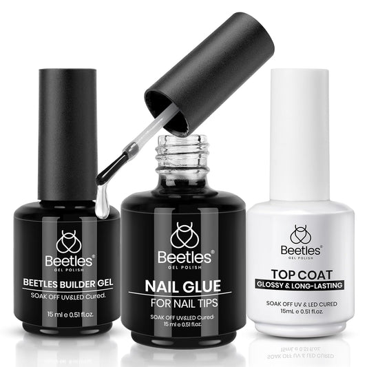 Beetles Gel Nail Glue Kit, 15ml Nail Glue Builder & Extra Glossy Top Coat Gel Nail Polish 3 Pcs Soak Off UV Kit for Long-Lasting Shine, Manicure Nail Art Design Diy at Home Gifts for Women