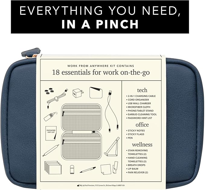 Pinch Provisions Work from Anywhere Kit, Includes 18 Essentials to Help You Stay on Task, Must-Have Essentials, Compact Multi-Functional Vegan Leather Pouch, Navy