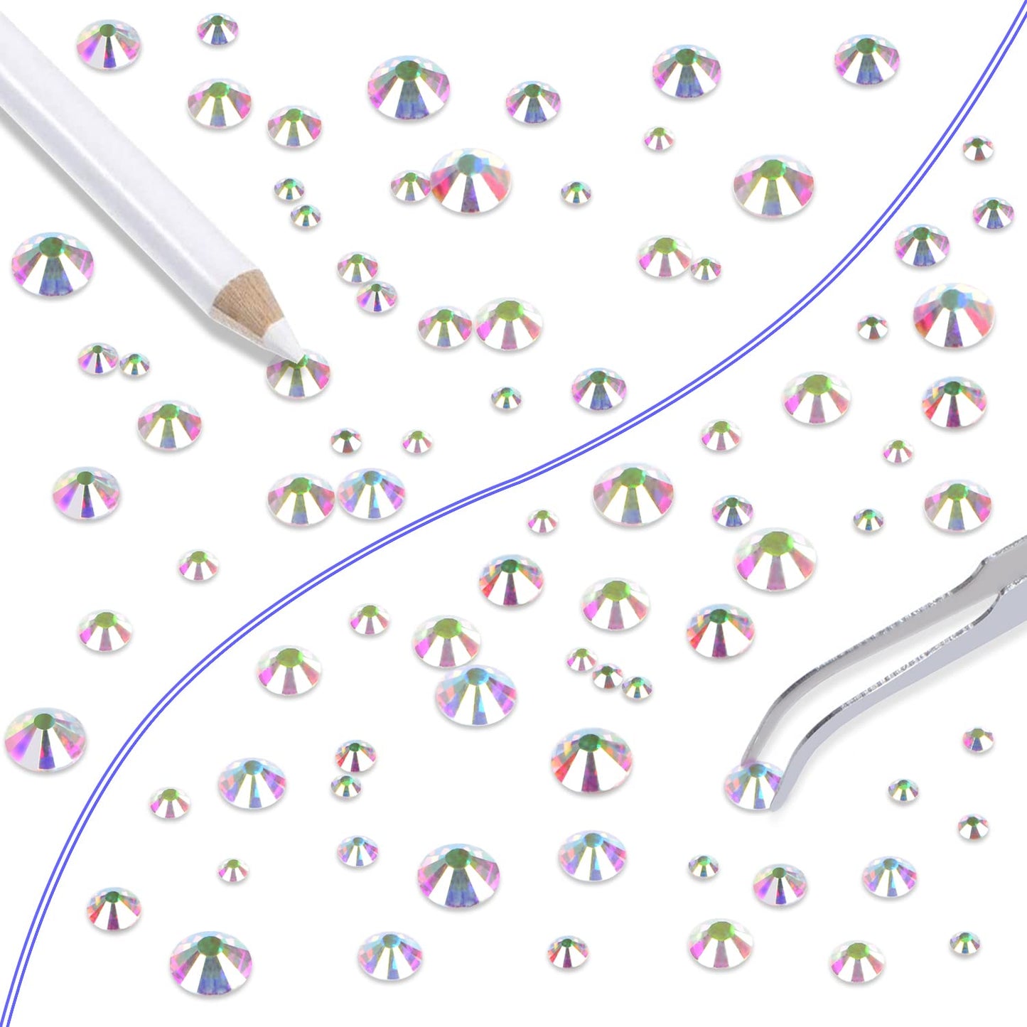 LPBeads 6000 Pieces Clear AB Non Hotfix Rhinestones 6 Sizes Round Crystal Glass Flat Back Rhinestones with Tweezers and Picking Pen for Nail Art Crafts Clothes Bags DIY