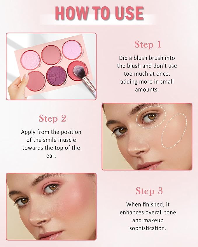Matte Rose Face Blush Palette Kit with Brush-6 Colors Pink Purple Silky Mineral Blendable Blusher Contour Powder for Cheeks,Longlasting Facial Eyeshadow Beauty Cosmetic Makeup Gift for Women-Set 01
