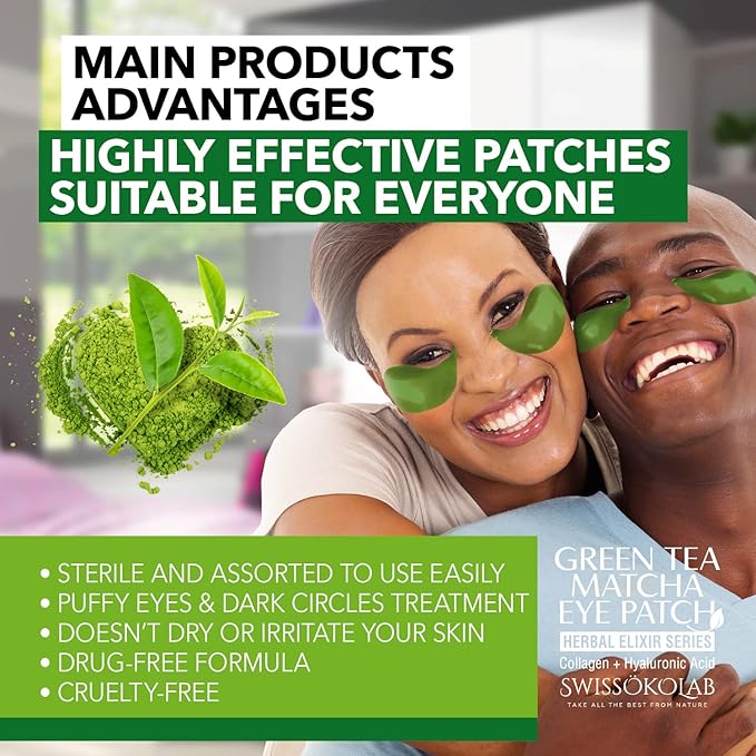 SWISSÖKOLAB Under Eye Patches For Puffy Eyes 24k Gold Eye Mask Dark Circles And Puffiness Collagen Eye Gel Pads Moisturizing & Reducing Wrinkles Anti-Aging Hyaluronic Acid (Green Tea)