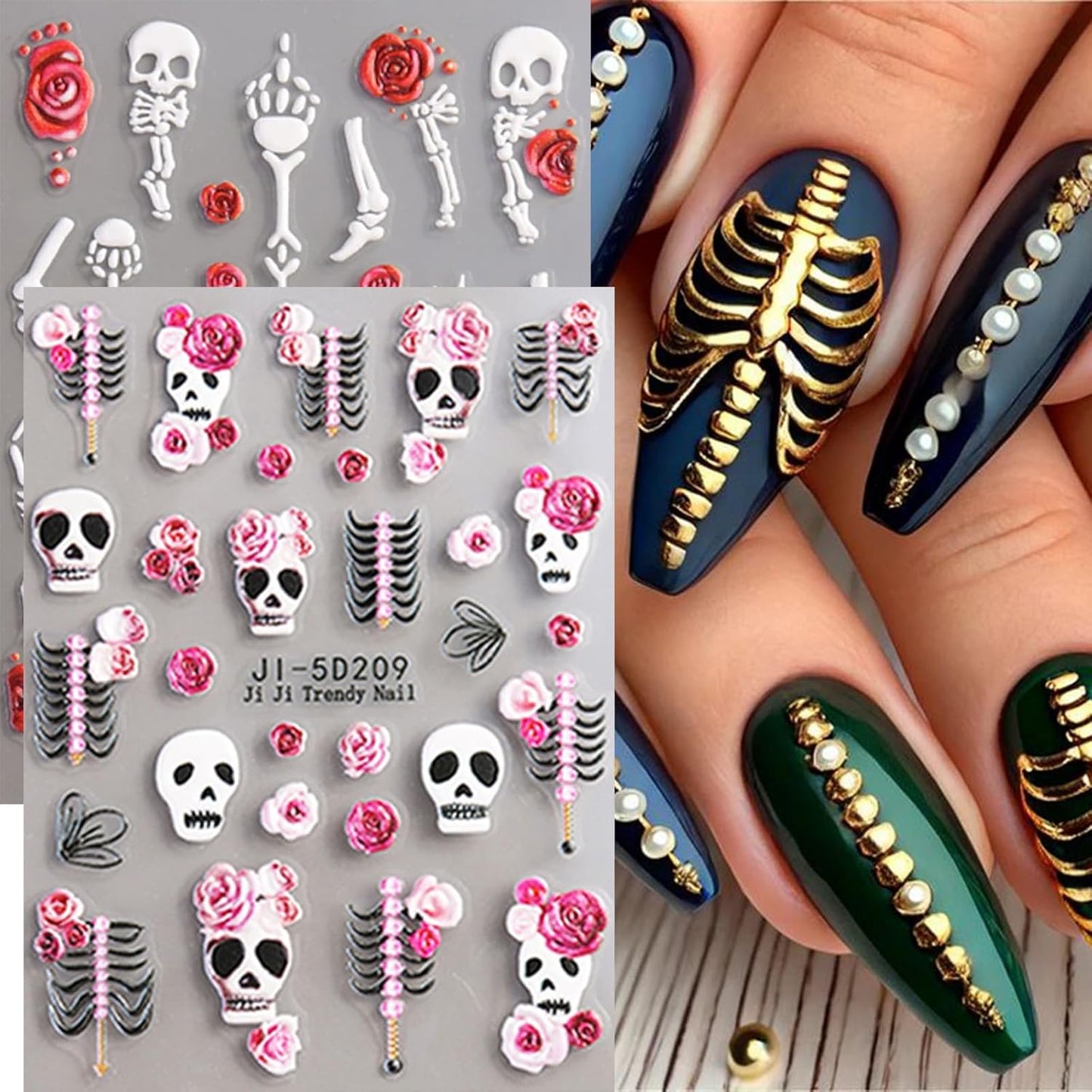 Spooky Nail Stickers Halloween Nail Decals Skull Rose Skeleton Hand Design 5D Embossed Holiday Nails Slider Manicure Accessories Supply Halloween Stickers for Women DIY Nail Decorations Nail Art 2PCS
